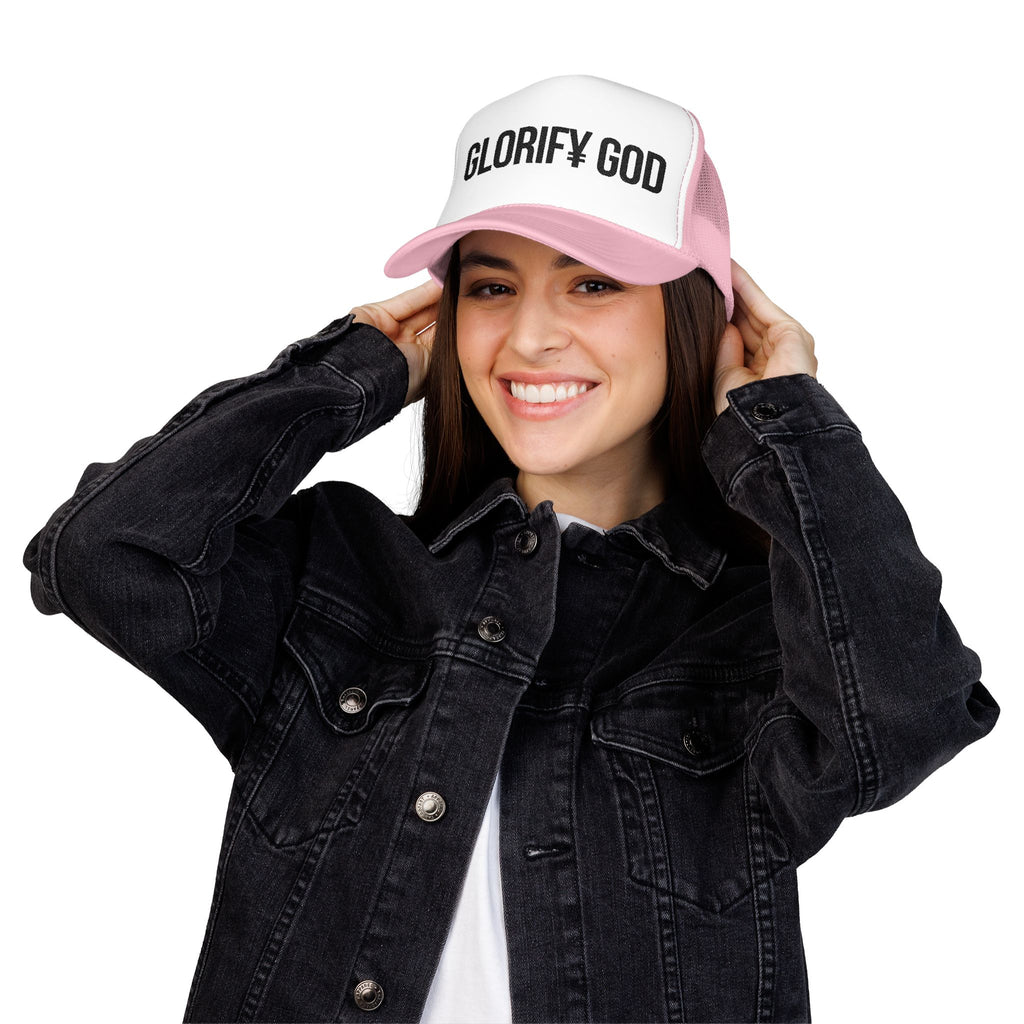 GLORIFY GOD Foam Trucker Hat | Christian Faith Message, Script Logo