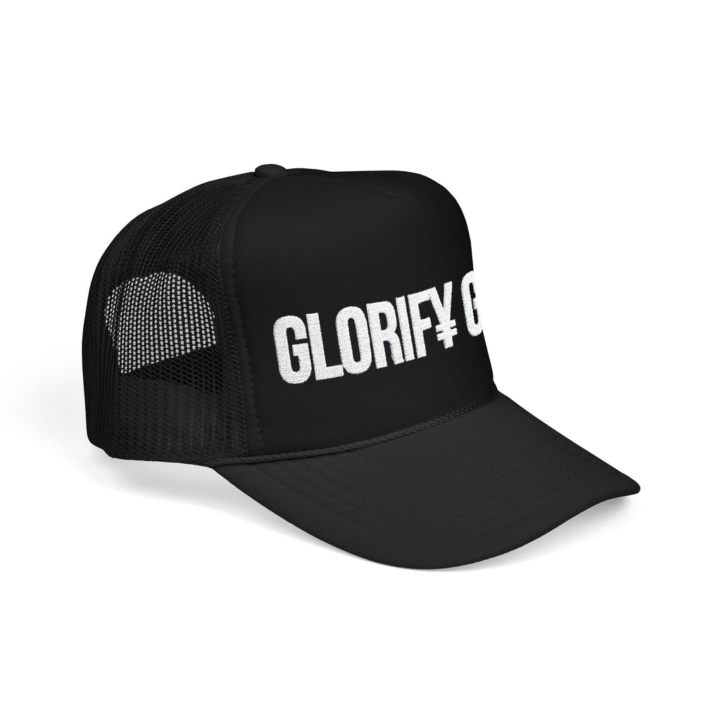 Glorify God Trucker Hat — Black Foam Mesh Christian Cap