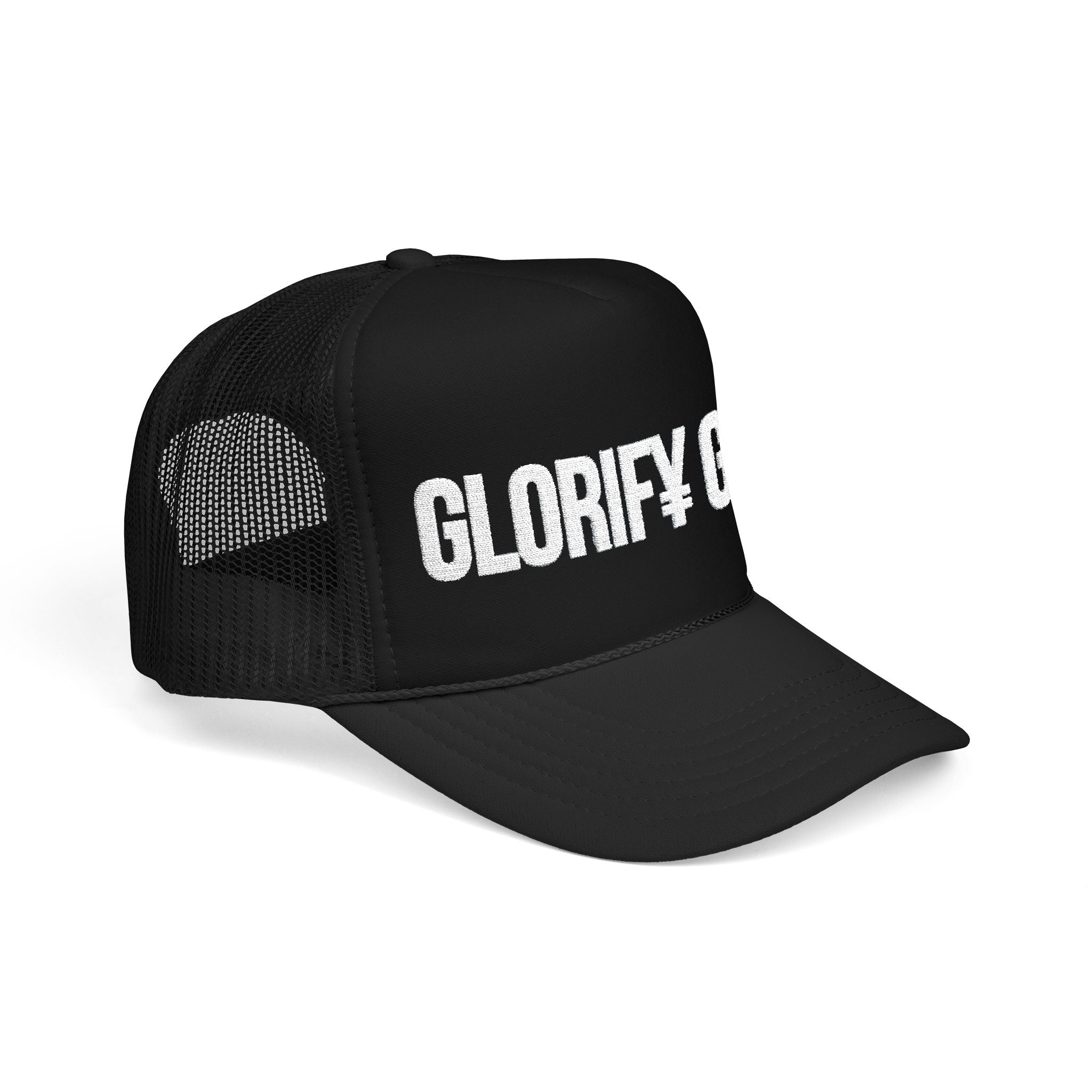 Glorify God Trucker Hat — Black Foam Mesh Christian Cap