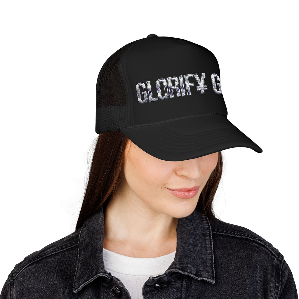 GLORIFY GOD Foam Trucker Hat | Religious Faith Rhinestone Text