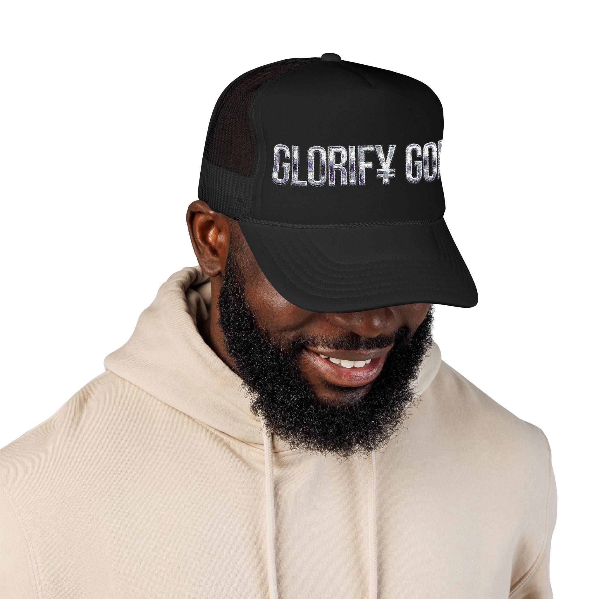 GLORIFY GOD Foam Trucker Hat | Religious Faith Rhinestone Text