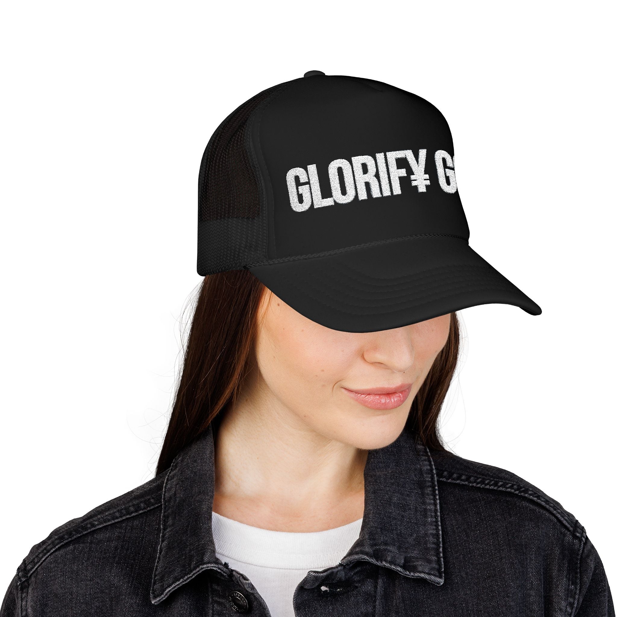 Glorify God Trucker Hat — Black Foam Mesh Christian Cap