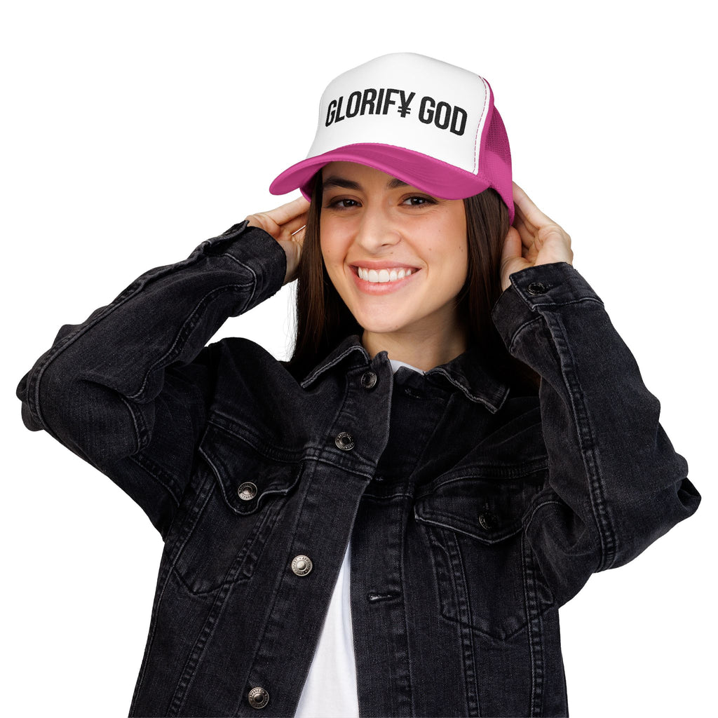 GLORIFY GOD Foam Trucker Hat | Christian Faith Message, Script Logo
