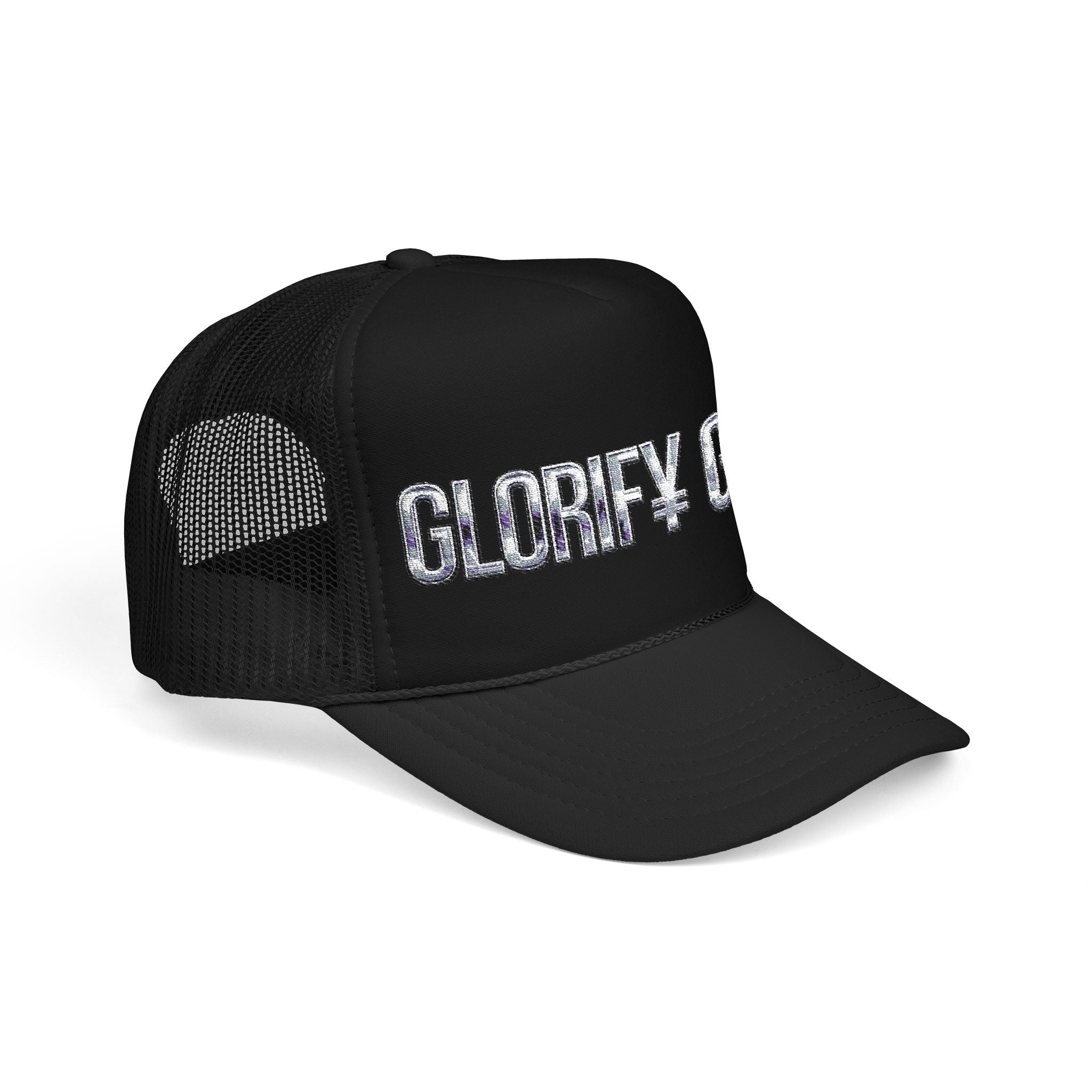 GLORIFY GOD Foam Trucker Hat | Religious Faith Rhinestone Text