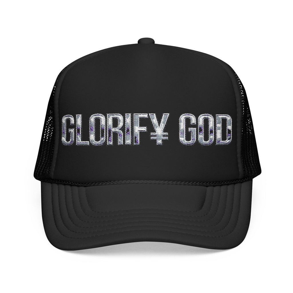 GLORIFY GOD Foam Trucker Hat | Religious Faith Rhinestone Text