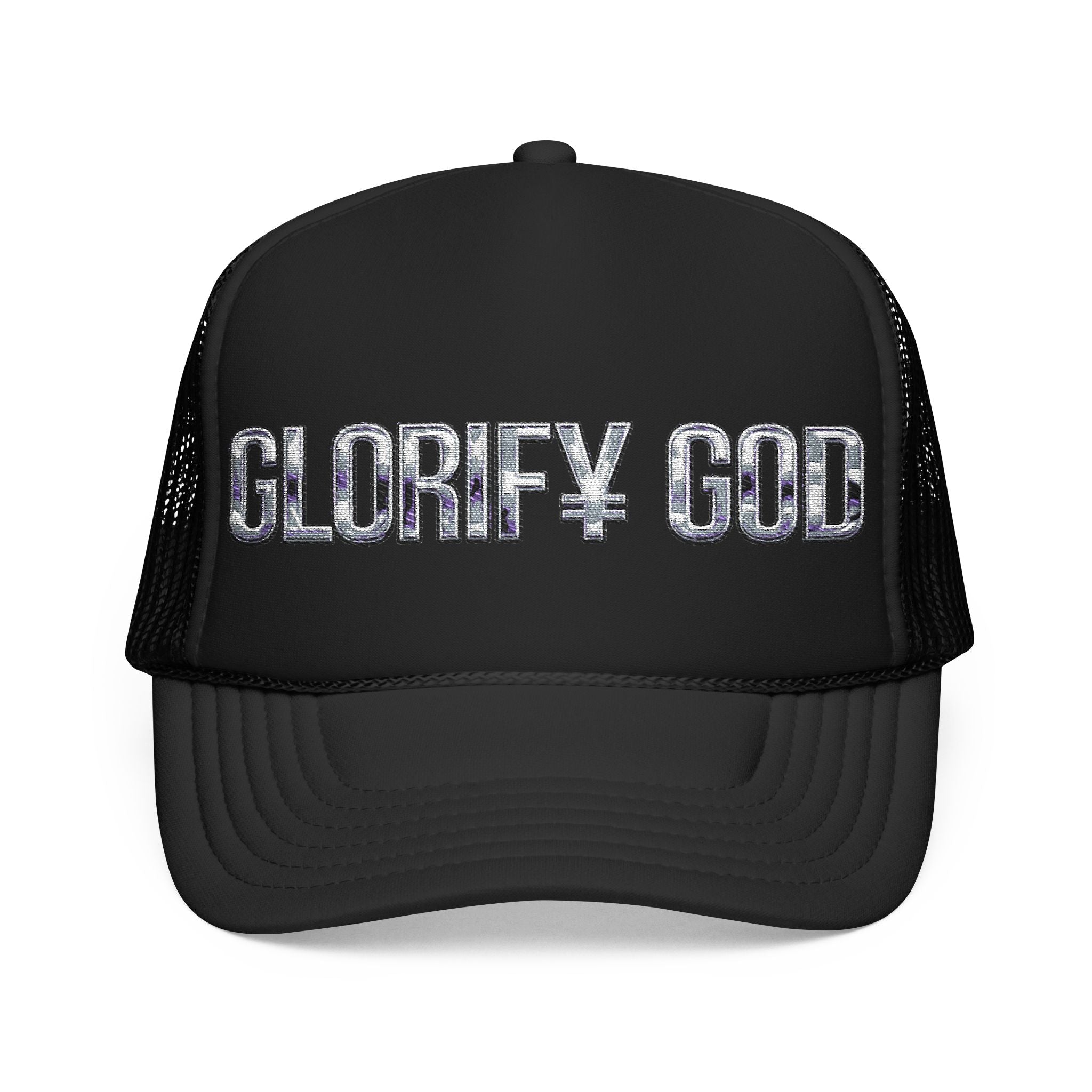 GLORIFY GOD Foam Trucker Hat | Religious Faith Rhinestone Text