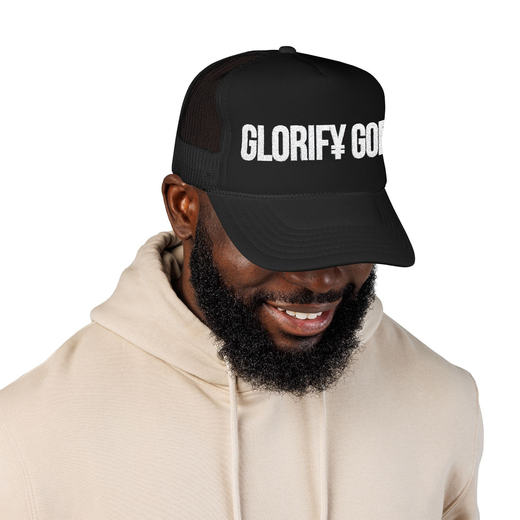 Glorify God Trucker Hat — Black Foam Mesh Christian Cap