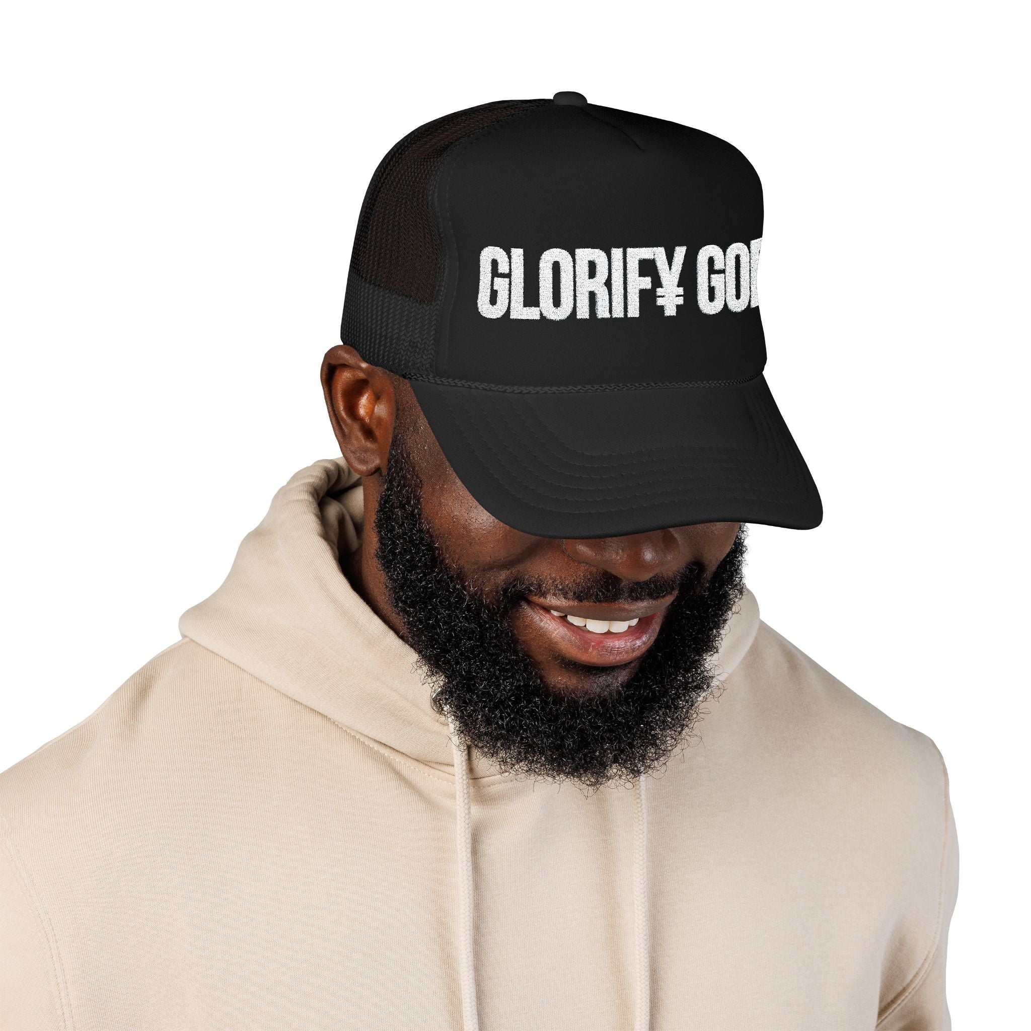 Glorify God Trucker Hat — Black Foam Mesh Christian Cap